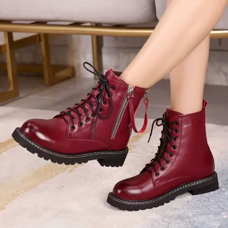 加绒厚底短靴2023大码马丁靴41一43平底机车真皮瘦瘦靴新款冬女靴商品大图