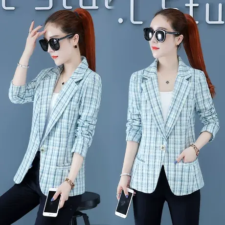 2024春装新款修身格子小西服女长袖休闲韩版小个子西装短外套上衣商品大图