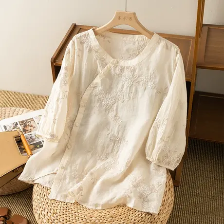 享永子七分袖重工刺绣苎麻上衣女夏斜襟文艺复古棉麻小衫2024新款图片