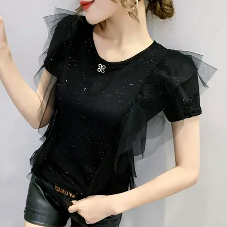 2023夏装新款时尚网纱T恤女短袖小从设计感荷叶边上衣洋气小衫潮商品大图