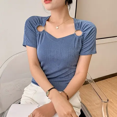 设计感短袖女夏季2024新款性感V领镂空T恤心机露锁骨冰丝上衣小衫图片