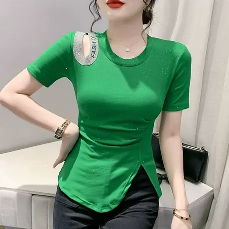 不规则镂空T恤女短袖2024夏新款性感露锁骨上衣气质收腰开叉小衫图片