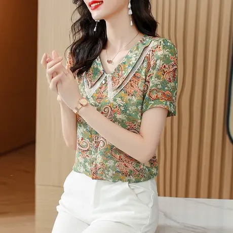 别致减龄夏装雪纺衬衫女上衣2023新款时尚宽松碎花娃娃领衬衣韩版图片