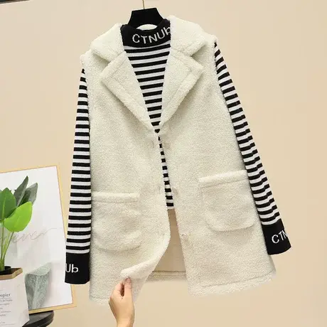 秋冬季中长款皮毛一体马甲微胖mm大码女装颗粒绒背心马夹坎肩外套图片