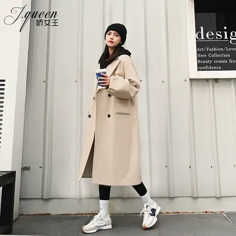 毛呢外套女秋冬季新款韩版西装领气质时尚宽松中长款加厚呢子大衣商品大图