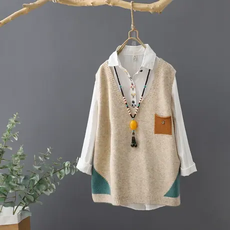 春秋新款文艺拼色针织马甲女宽松V领套头百搭无袖坎肩毛衣背心潮图片