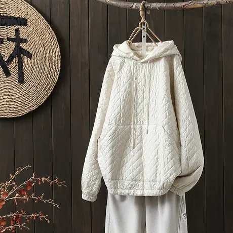 枫谜2022秋冬新款文艺百搭韩版简约大口袋菱格下摆抽绳连帽卫衣图片