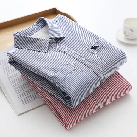 刺绣加绒加厚纯棉蓝条纹衬衫女冬季百搭休闲宽松韩版打底保暖衬衣图片