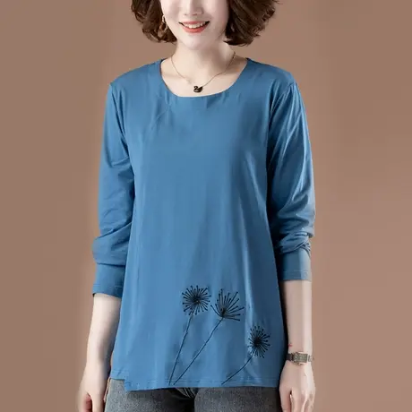 长袖t恤女春秋季加肥加大码女装宽松中年妈妈纯棉百搭刺绣打底衫商品大图