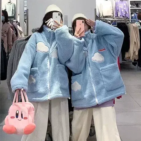 羊羔毛卫衣女2021秋冬宽松bf慵懒风小个子加绒加厚开衫外套潮ins商品大图