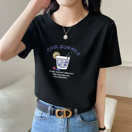 短袖t恤女士纯棉圆领宽松半袖体恤显瘦别致上衣服2022新款夏装潮商品大图