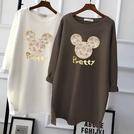 纯棉长袖t恤女中长款宽松大码韩版上衣打底衫磨毛加厚秋冬季内搭图片