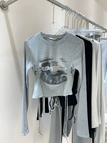 长袖t恤女2021早秋新款韩国东大门时尚洋气抽绳开叉设计感上衣潮图片