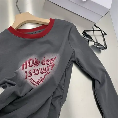 美式复古褶皱收腰长袖t恤女早秋新款设计感小众修身显瘦打底上衣商品大图