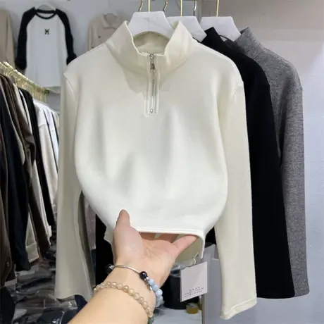 半拉链立领加厚磨毛卫衣女秋冬内搭高领打底衫设计感小众短款上衣商品大图