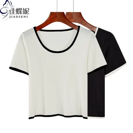 夏季新款韩版纯棉修身短款纯色拼接圆领短袖体恤上衣内搭打底衫女商品大图
