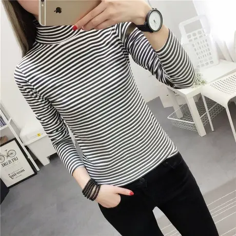 2024秋冬半高领内搭洋气条纹百搭长袖加厚加绒保暖上衣打底衫女装商品大图