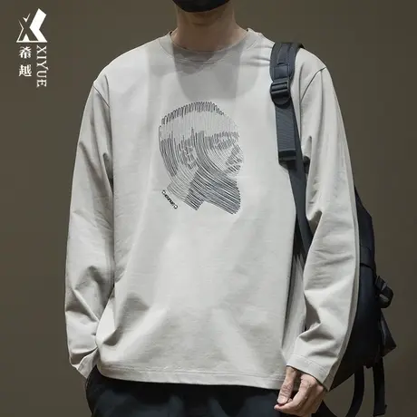 希越设计感刺绣长袖T恤男重磅260斤胖子打底衫春秋大码加肥加大潮商品大图
