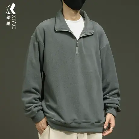 希越摇粒绒半拉链重磅卫衣无帽男士秋冬季宽松大码设计感2023新款商品大图