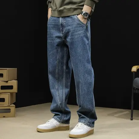 直筒牛仔裤男潮牌春季2024新款宽松大码阔腿微喇裤子男士拼接春秋商品大图