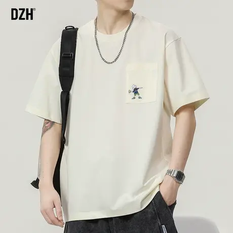 男士杏色t恤男短袖夏季潮牌百搭超火半袖上衣圆领男装2023新款潮商品大图