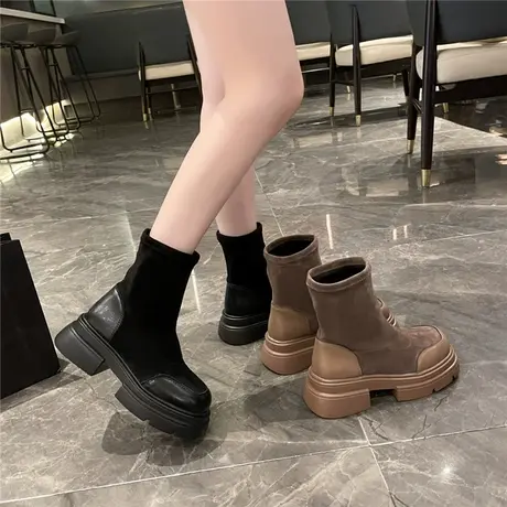 厚底弹力靴短靴女2024新款秋冬单靴子英伦风切尔西靴瘦瘦靴马丁靴图片