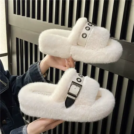 网红小众设计感毛毛拖鞋女2024年秋季新款外穿时尚保暖居家一字拖商品大图