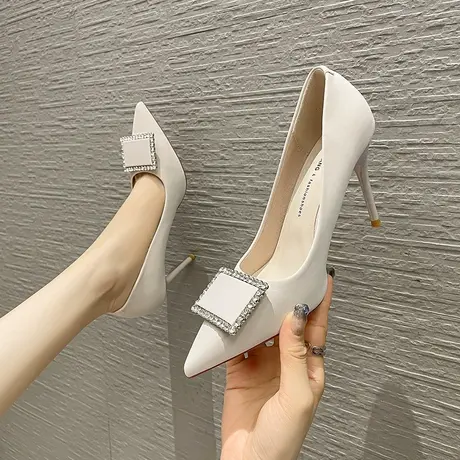 尖头浅口单鞋女细跟2024年春季新款方扣水钻法式女神范职业高跟鞋商品大图