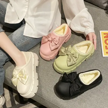 冬季新款防水厚底棉拖鞋女包跟加绒室内保暖居家蝴蝶结棉鞋可外穿图片