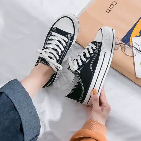 厚底帆布鞋女2021年新款春夏季增高黑色板鞋ulzzang百搭潮鞋女鞋商品大图