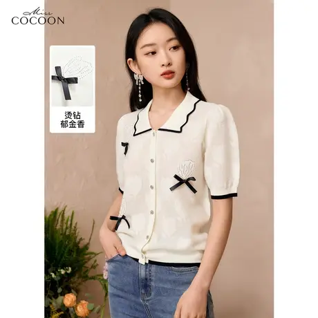 miss COCOON撞色短袖针织衫女装2023夏装新款蝴蝶结翻领百搭上衣商品大图