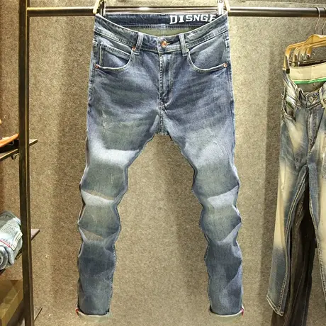 经典蓝色牛仔裤男款修身小脚弹力裤子潮流时尚个性猫须工艺长裤男商品大图