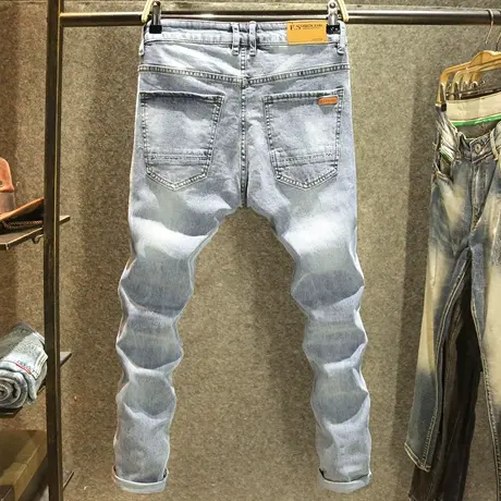 潮牌高端水洗磨白男士牛仔裤修身浅色韩版小脚裤春夏潮流休闲长裤图片