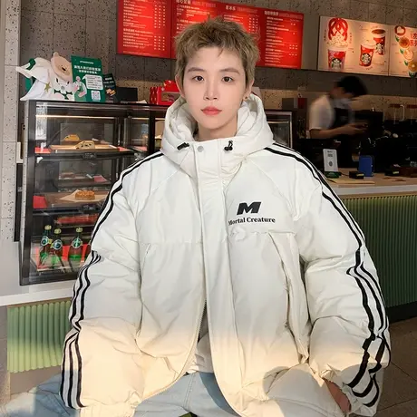 三条杠棉服男宽松连帽外套秋冬季拉链开衫休闲棉衣保暖情侣面包服图片