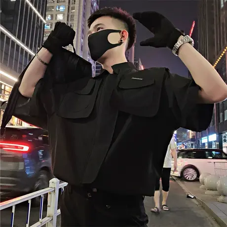 夏季纯色休闲衬衫潮流ins痞帅宽松外套工装口袋发型师网红衬衣商品大图