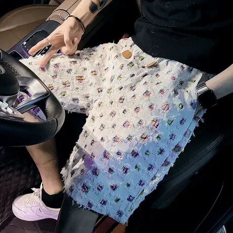 夏季时尚破洞格子设计感潮流短裤2023新款夏天直筒沙滩男五分短裤商品大图