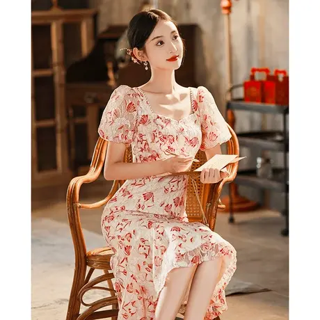 订婚礼服女夏季敬酒服新娘2023新款小个子法式方领鱼尾蕾丝连衣裙商品大图