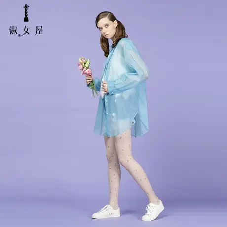 淑女屋夏新品轻薄糖果色长衬衣式风雨衣薄荷蓝防晒衣防护服商品大图