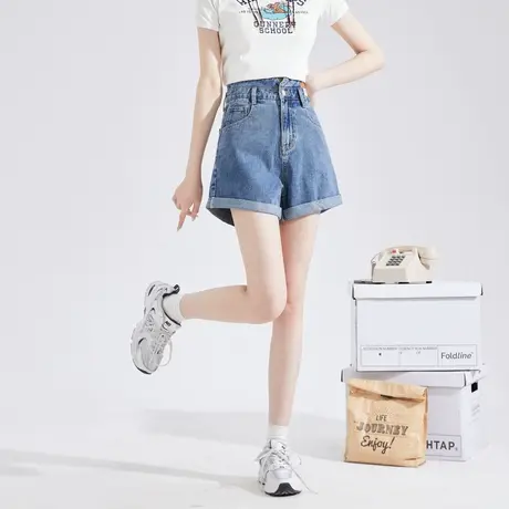 唐狮春夏季女牛仔短裤高腰卷边薄款宽松直筒显瘦辣妹热裤潮酷图片