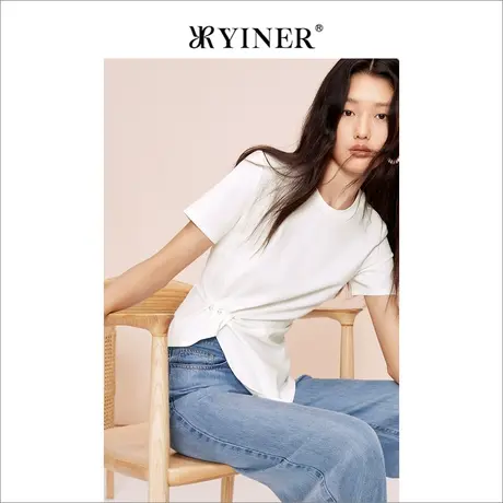 YINER音儿女装2023夏季法式优雅短袖T恤圆领钉珠上衣商品大图