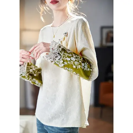宝诗黎圆领刺绣提花拼接雪纺衫2024春季新款设计感百搭休闲上衣女图片