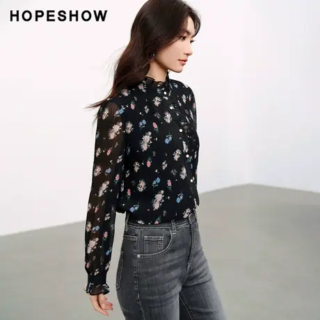 红袖木耳边立领雪纺衫女hopeshow2024春季新款温柔风碎花薄款衬衫商品大图