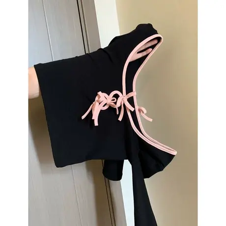 甜酷辣妹短款长袖T恤女春季韩版洋气百搭修身高级感黑色U领上衣潮商品大图