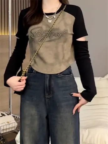 辣妹风长袖t恤女秋冬打底衫内搭小众设计感镂空独特短款上衣ins图片