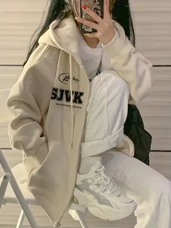 连帽开衫卫衣女加绒加厚秋冬大码宽松oversize外套小众设计感上衣图片