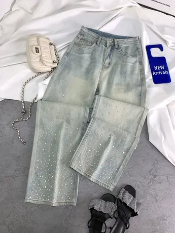 东大门复古磨白钉珠亮片牛仔直筒裤2024春新款显瘦百搭高腰宽松裤商品大图