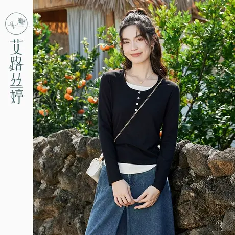艾路丝婷撞色假两件t恤女长袖2024年春秋季修身显瘦弹力针织上衣商品大图
