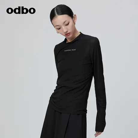 odbo/欧迪比欧时尚设计烟管领抽绳长袖t恤女春季新款舒适透气上衣图片