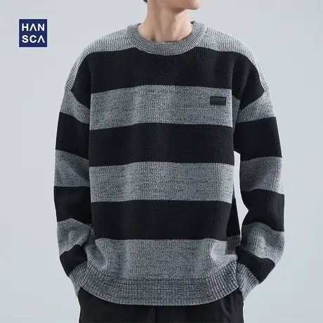 hansca针织毛衣男高级感冬季加厚青少年潮牌撞色条纹休闲宽松长袖商品大图