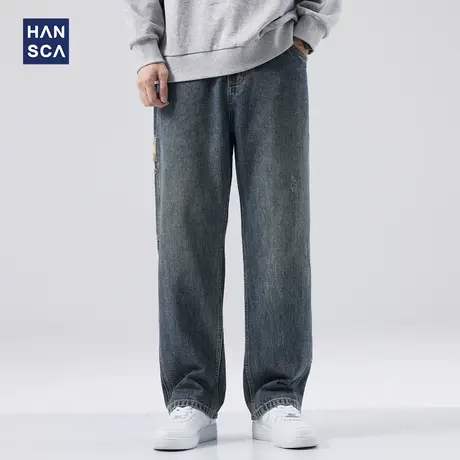hansca秋季美式复古工装牛仔裤男潮牌直筒宽松大码阔腿休闲长裤子商品大图